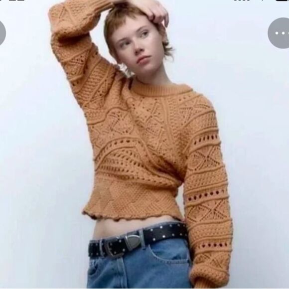 ZARA boho chunky 3D open knit balloon sleeve sweater sz small - Picture 8 of 11